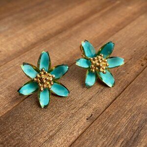 Vintage Aqua Blue Enamel Flower Floral Gold Cluster Center Clip On Earrings